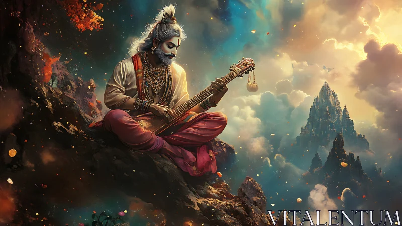 Mystic musician plays veena above luminous mountain clouds.