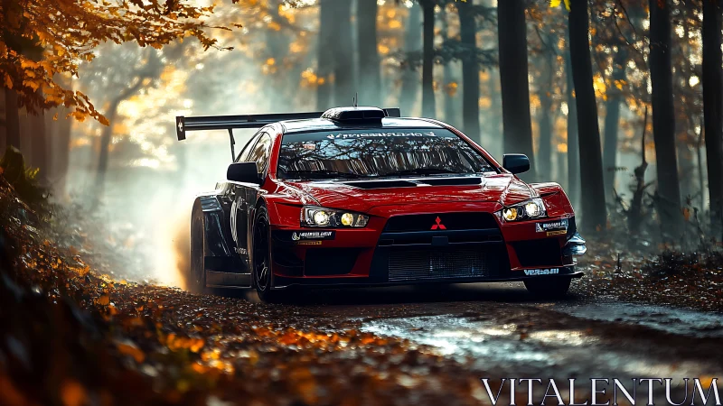Rally-prepped Mitsubishi Evo slicing through misty forest stage