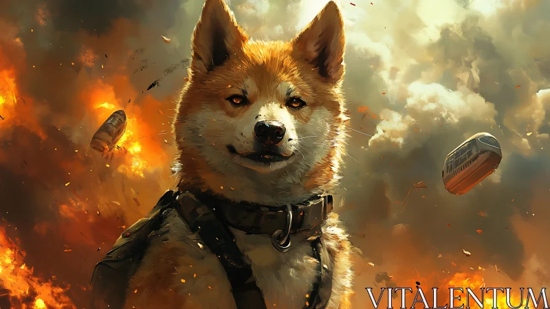 Shiba Inu dog in tactical gear amid burning debris clouds.