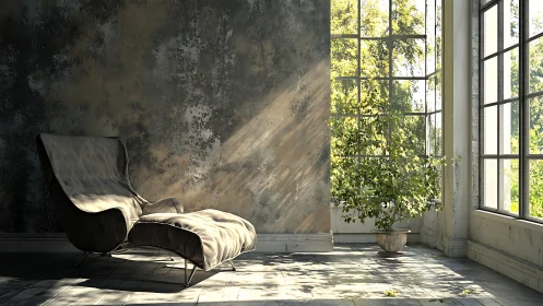 Sunlit lounge corner with distressed wall and armchair.