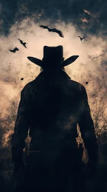 Silhouetted gunslinger under stormy sky with circling crows.