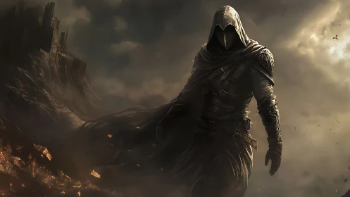 Hooded Wraith Warrior in Stormlit Ruins, Dark Fantasy Digital Painting.