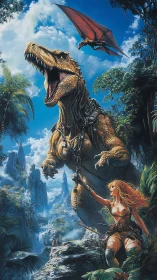 Fearless jungle warrior guiding her roaring dinosaur ally.