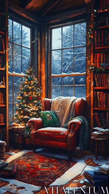 Cozy winter reading nook with red armchair and tree.