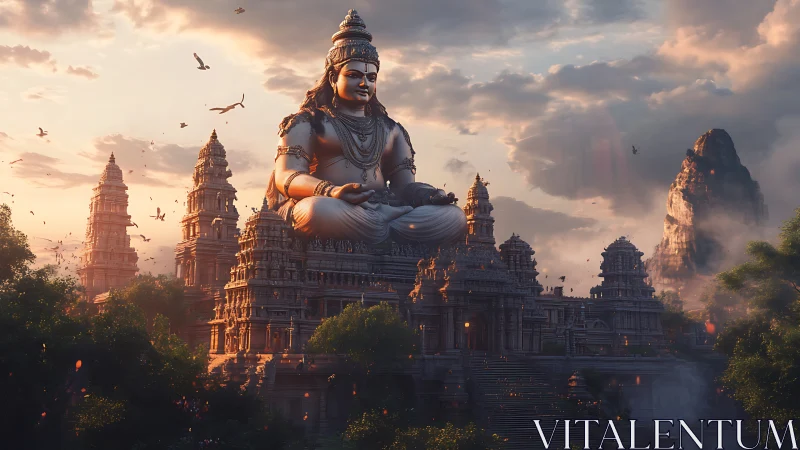 Colossal Shiva sculpture above ornate Dravidian stone temple at dusk