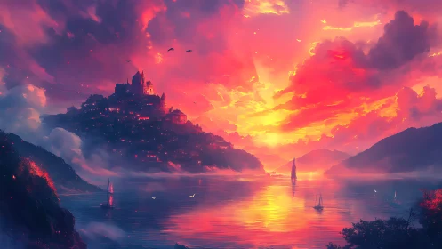 Sunset kingdom glows above a dreamlit crimson bay. Period.