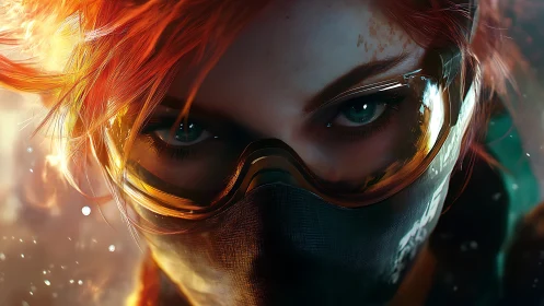 Futuristic masked warrior with burning hair and goggles.