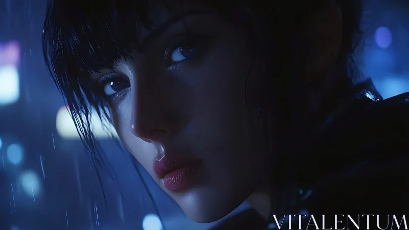 Rain-soaked cyberpunk portrait with high-contrast rim lighting dynamics