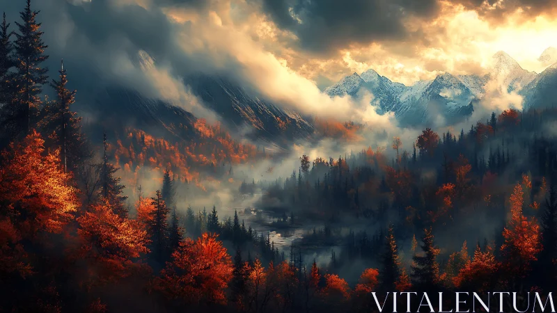 Digital painting of misted alpine valley with autumn canopy glow.