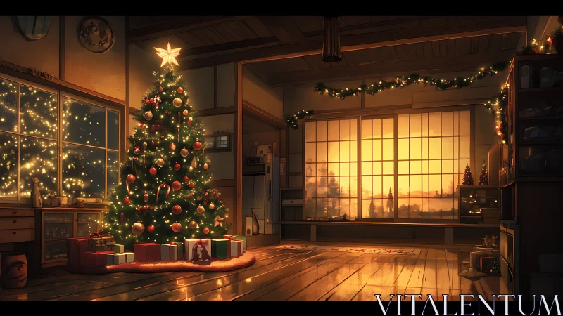 Interior room presents decorated tree with evening window light