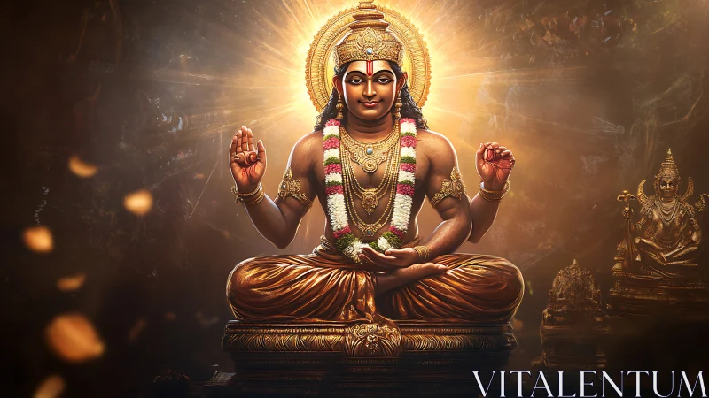 Radiant Hindu deity seated on ornate golden lotus throne.