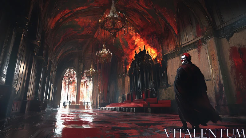Masked lord surveys burning throne in bloodlit hall.