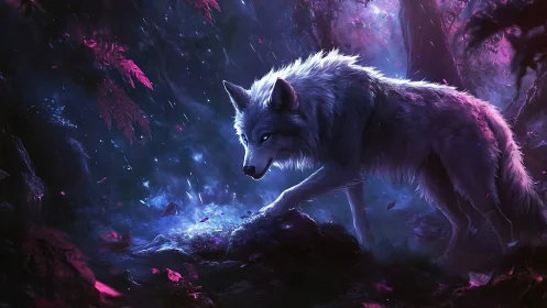 White wolf in bioluminescent forest with violet lighting.