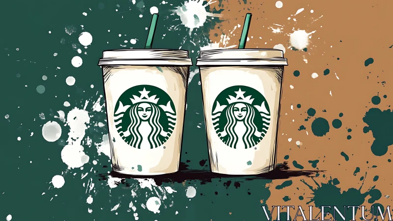 Stylized branded coffee cups contrast against split color field
