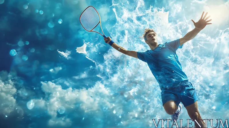 Dynamic badminton jump amid splashing sky-blue energy.