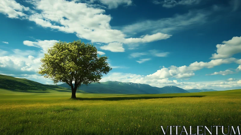 Solitary green tree anchors vast sunlit mountain meadow.