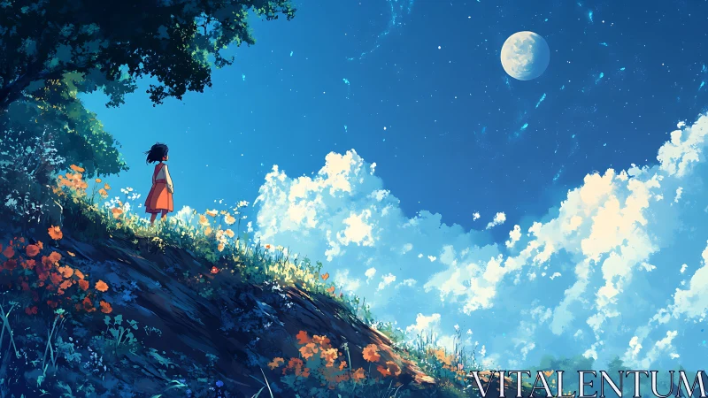 Girl on starlit hillside gazes toward a luminous full moon.