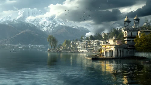 Snowcapped mountains above lakeside domed city at dusk.