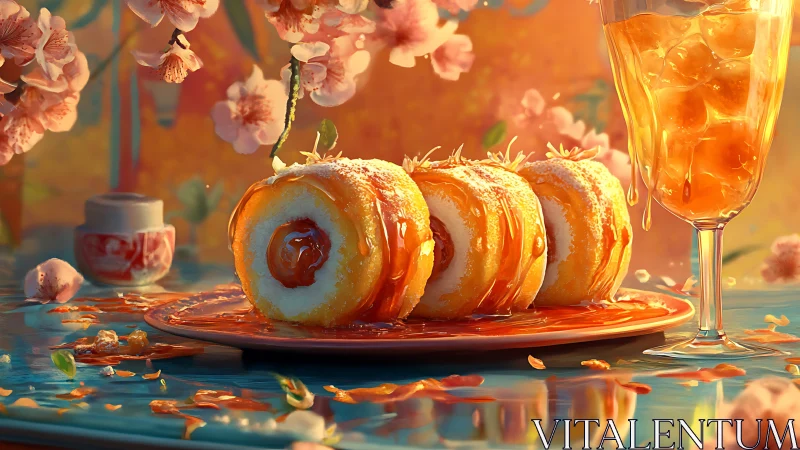 Digital painting dessert still life with floral bokeh ambiance.