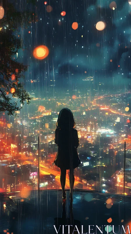 Silhouette of girl in rain overlooking illuminated cityscape.