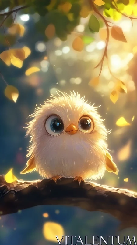 Fluffy yellow songbird on branch in soft forest light.