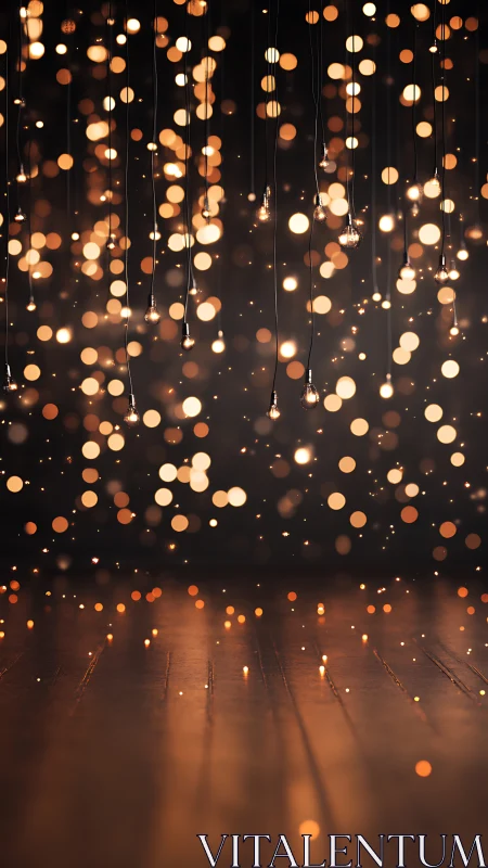 Hanging fairy lights glow softly above a warm wooden floor