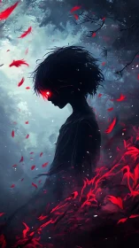 Forest ember child with crimson eyes and storm of petals.