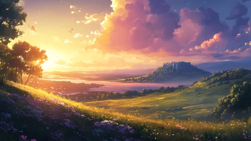 Sunlit valley stretches toward distant hilltop fortress