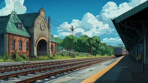 Historic rural rail station under summer cumulonimbus sky.