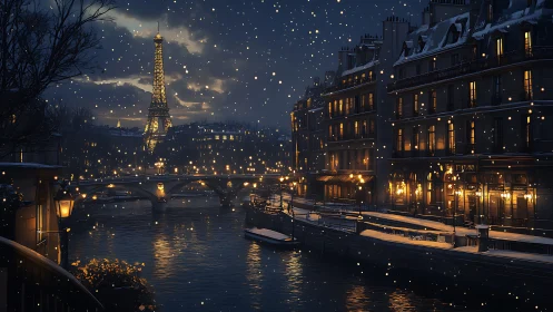 Snowy Parisian riverfront at night with Eiffel Tower illumination