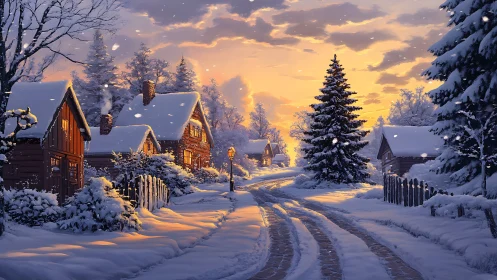 Gentle winter lane glows with cottage lights and soft snow