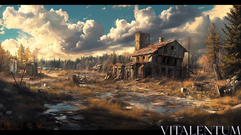 Derelict rural industrial building in overgrown clearing.