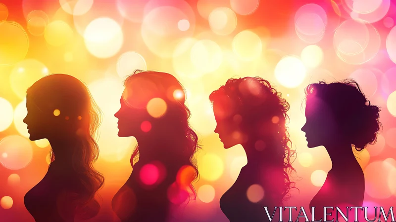 Silhouetted Women in Colorful Bokeh Lights, Artistic Portrait Style.