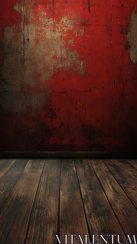 Weathered red wall with rustic wooden floor interior backdrop.