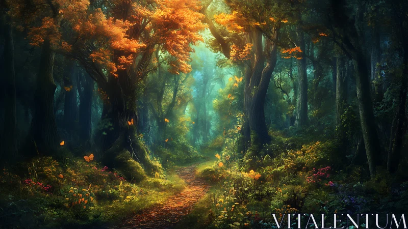 Woodland Path Through Old Growth Forest with Canopy Light.