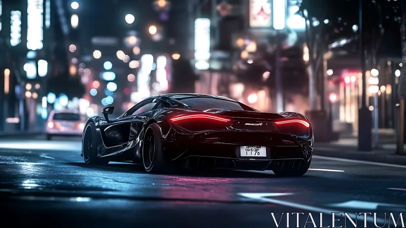 Black sports car drives through wet neon city street at night