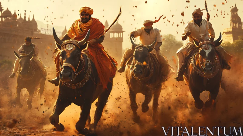 Dust storms rise as decorated buffalo racers charge forward