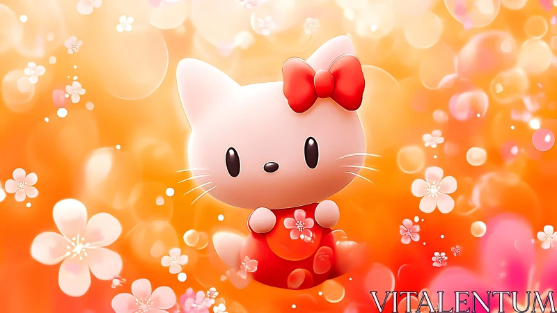 Cute chibi cat character with red bow amid blossoms.