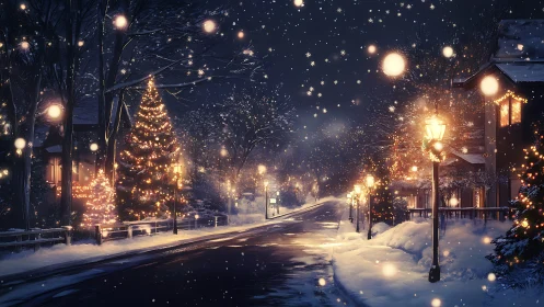 Snow-covered residential street is illuminated by winter lights