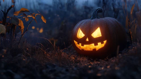 Glowing jack o’ lantern smiling warmly in a misty field.