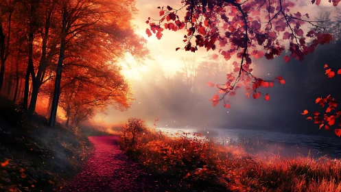 Digital autumn riverside path with luminous backlit foliage.