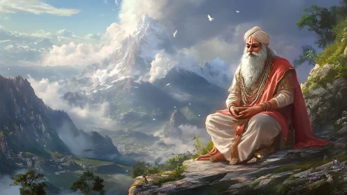 Peaceful mountain sage resting above sunlit valley.