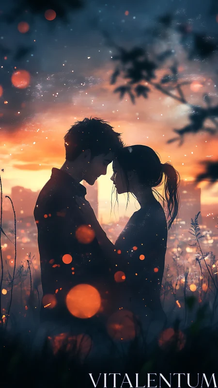Starlit lovers drifting in ember-kissed twilight fields.