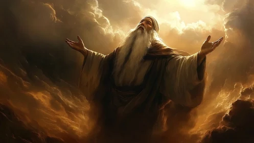 Luminous elder prophet in volumetric stormlit atmosphere.