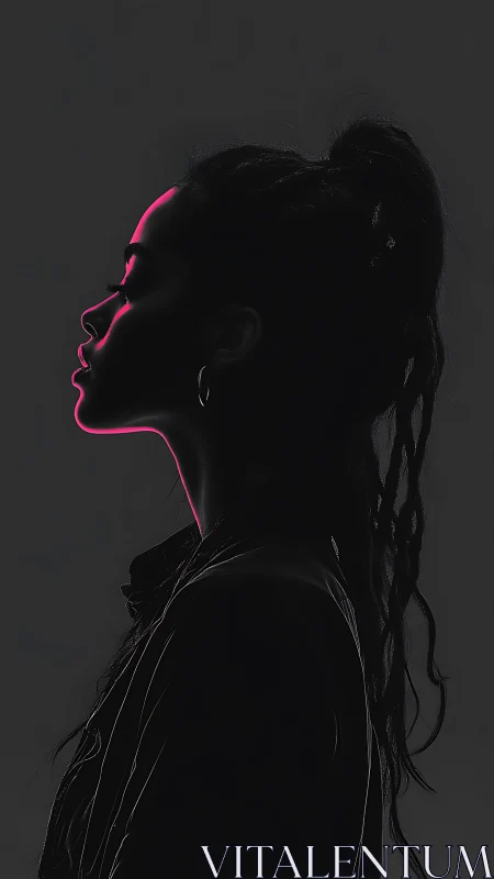 Neon rim-lit female profile in high-contrast monochrome silhouette