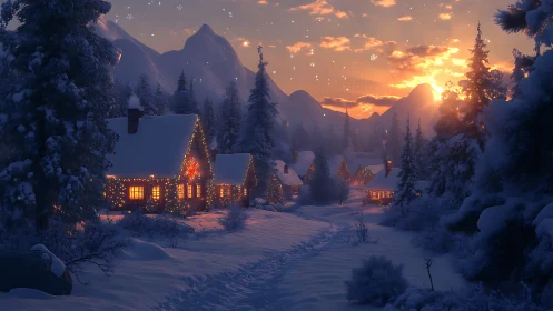 Cozy winter cabins glowing softly beneath a golden sunset.