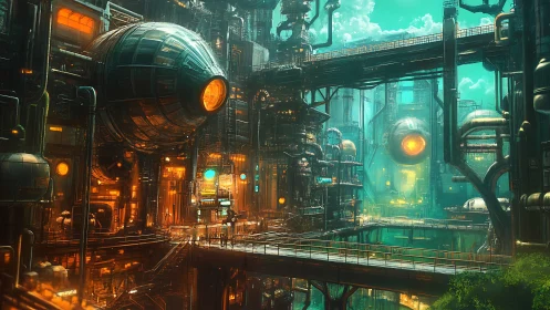 Neon foundry of floating orbs above a turquoise abyss.