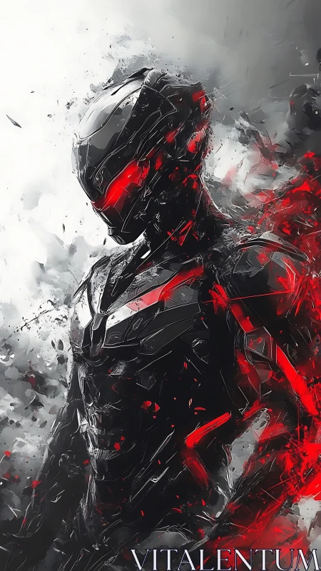 Armored cybernetic warrior stands in red and black energy storm