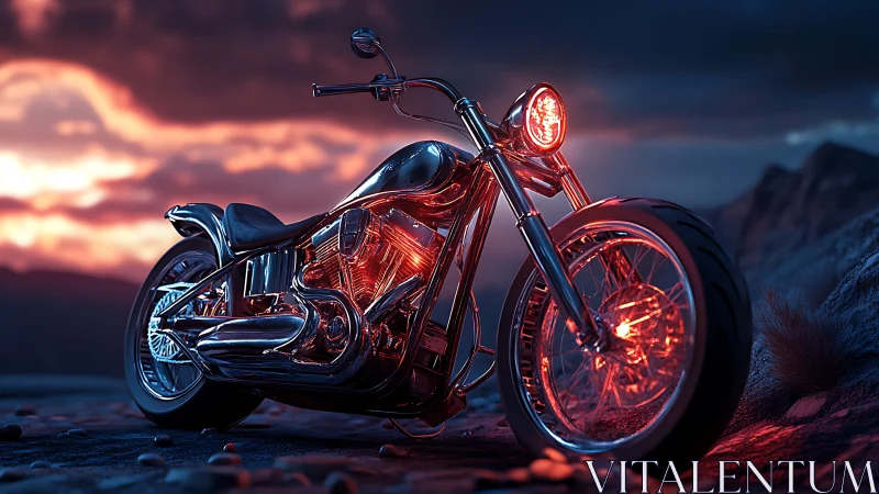 Chromed cruiser motorcycle with red underglow at twilight ridge