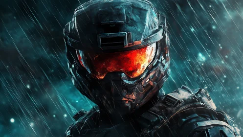 Armored sci fi soldier in rain with illuminated visor.